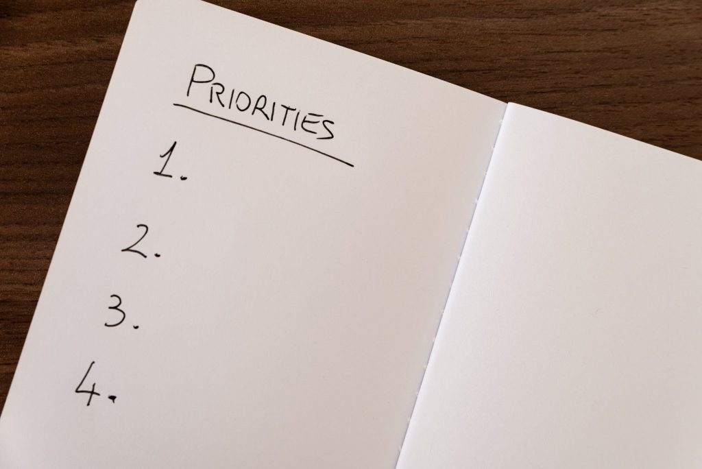 notebook page marked priorities black ink